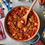 Hearty Texas cowboy stew with potatoes, ground beef, and vegetables in a bowl.
