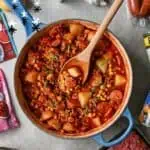 Hearty Texas cowboy stew with potatoes, ground beef, and vegetables in a bowl.