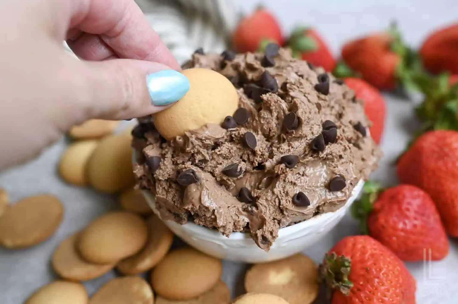 Chocolate brownie batter dip with strawberries and cookies for dessert.