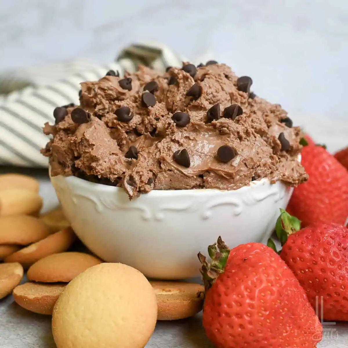 a bowl of brownie batter dip topped with chocolate chips, surrounded by dippers.