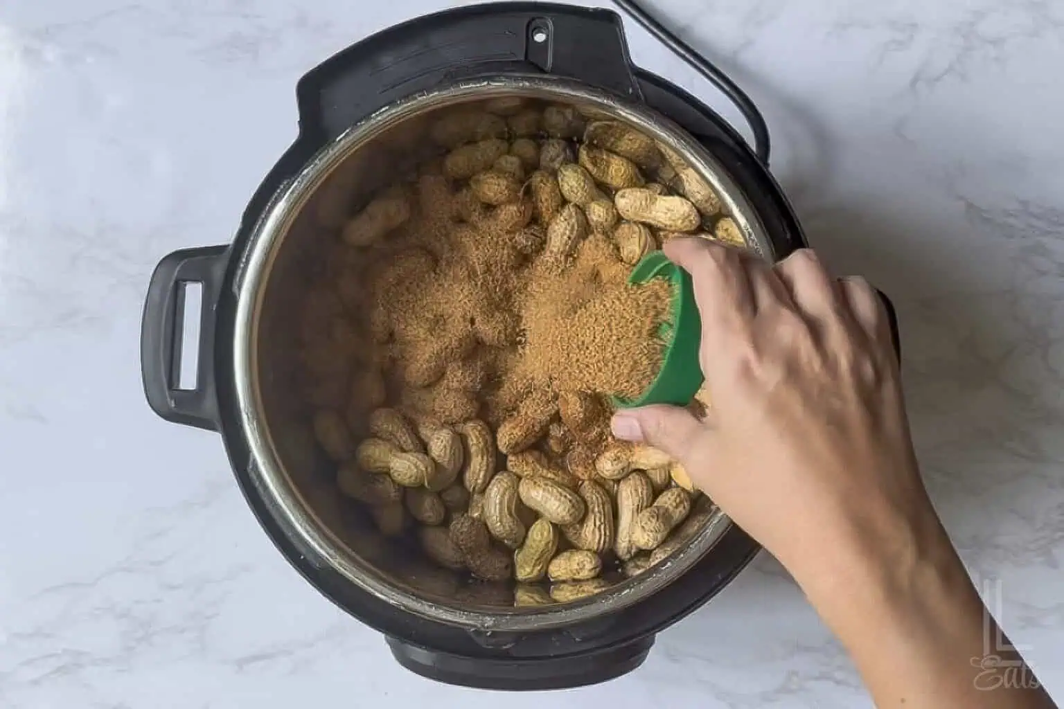 pouring tony chachere's seasoning over peanuts and water in an instant pot.