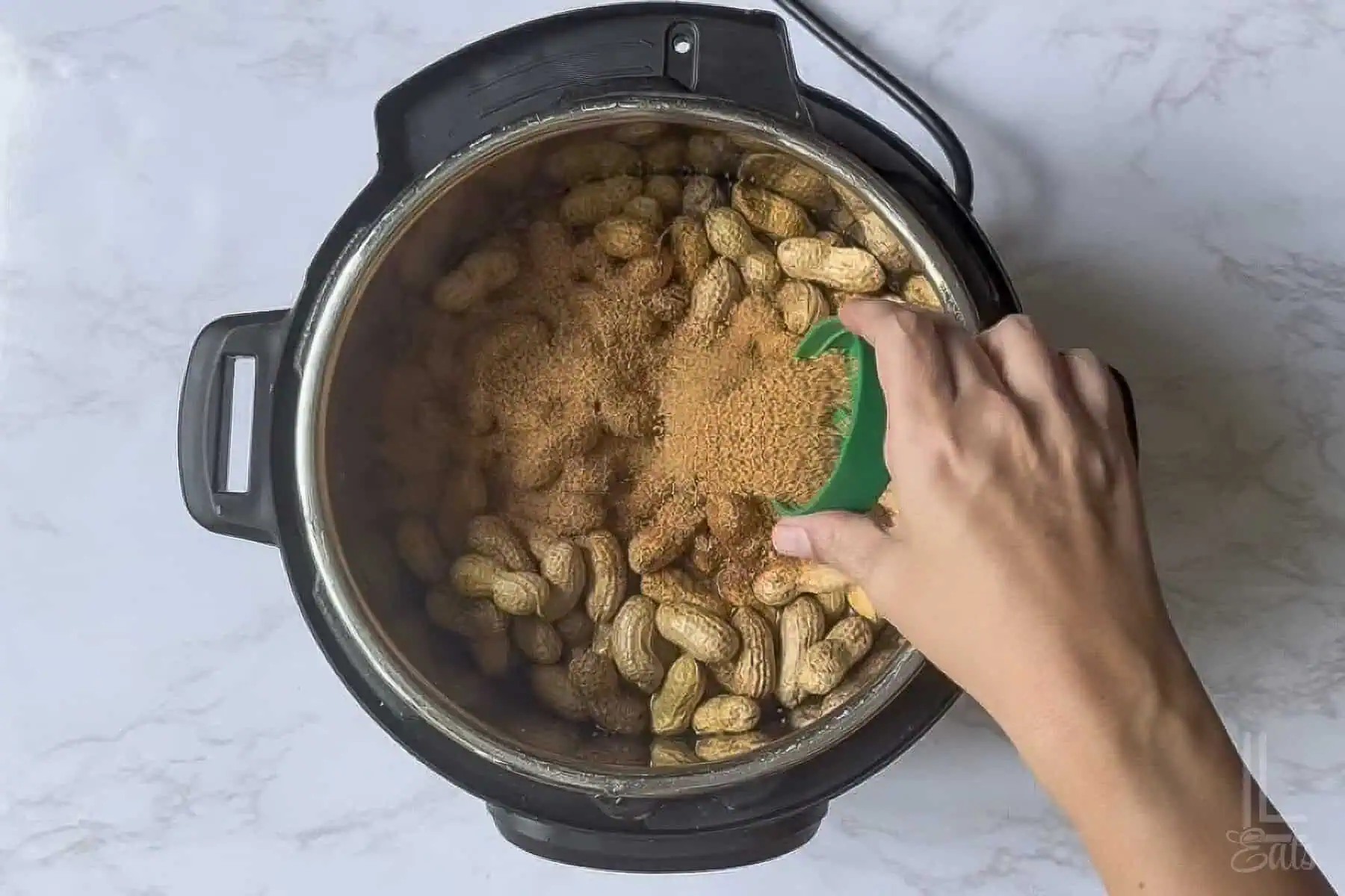 pouring tony chachere's seasoning over peanuts and water in an instant pot.