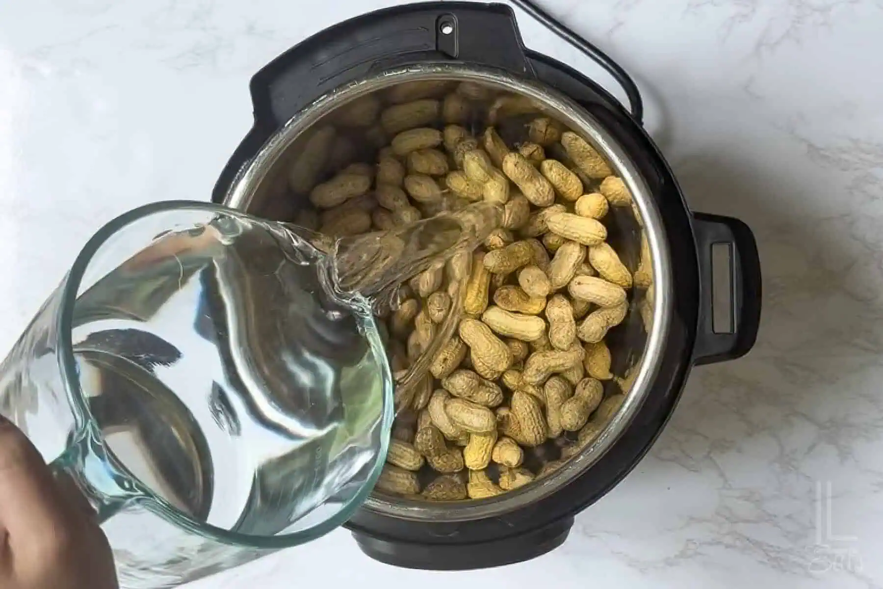 pouring water over raw peanuts in an instant pot pressure cooker.