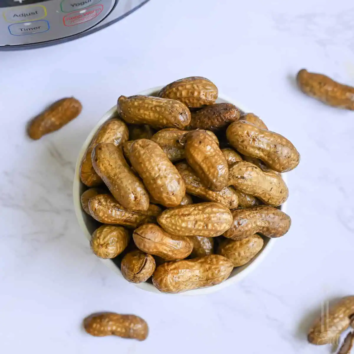 Close-up of boiled peanuts in a white bowl on a white surface.
