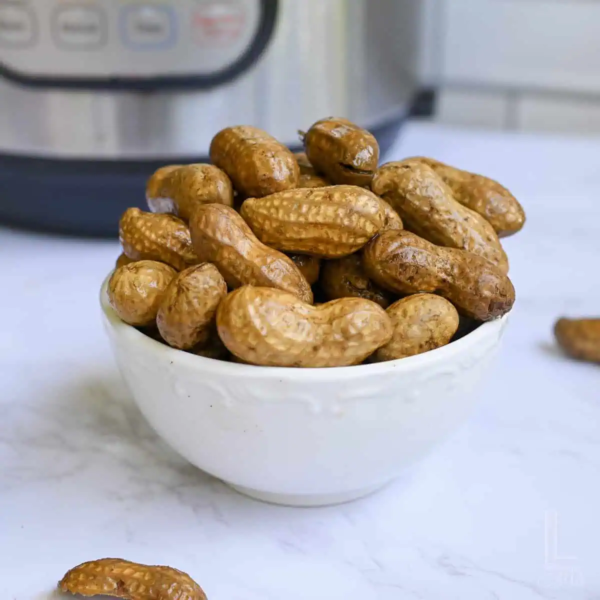 boiled peanuts in a bowl, in front of an instant pot.