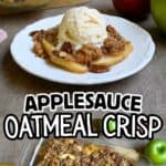 Apple crisp with oats served with a scoop of vanilla ice cream on a white plate.