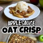 Homemade applesauce crisp with oats served with vanilla ice cream on a white plate.