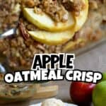 Close-up of apple oatmeal crisp with oats and nuts on a spoon.