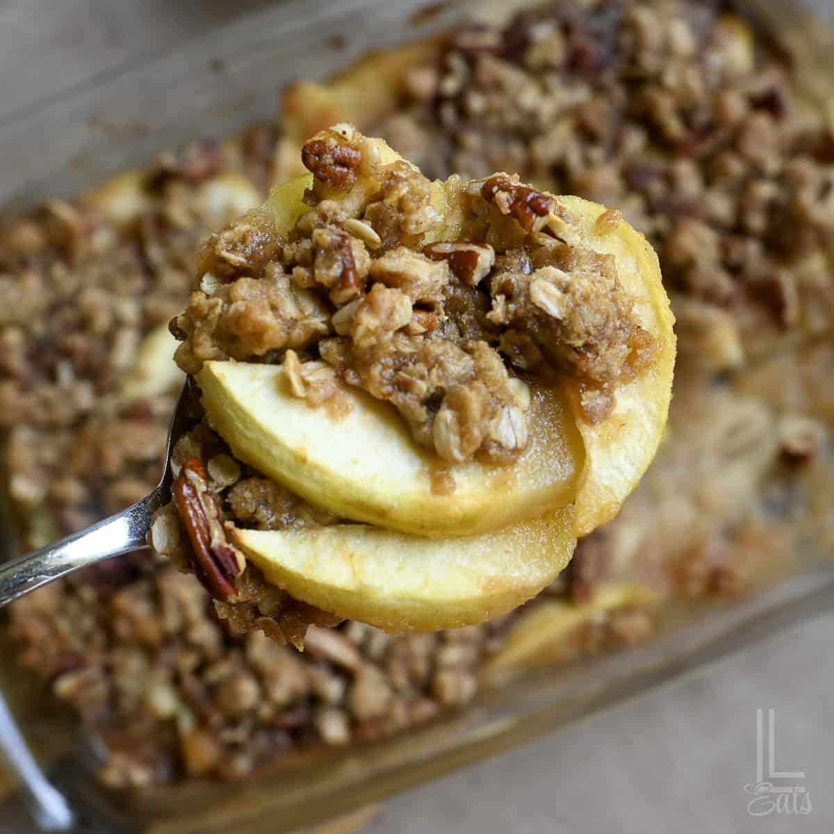Close-up of applesauce crisp topped with oat crumble in a baking dish.