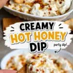 Creamy hot honey dip with a piece of bread being dipped, close-up shot.