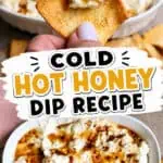 Close-up of a creamy hot honey dip on a cracker with a bowl of dip in the background.