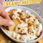 Creamy hot honey dip with cheese and crispy chips for dipping.