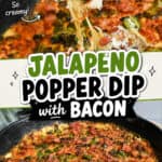 Close-up of jalapeño popper dip with bacon, cheesy texture, and a slice being served.