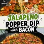 Close-up of jalapeño popper dip with bacon, cheesy texture, and a slice being served.