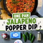Close-up of spicy jalapeño popper dip in a skillet with ingredients around it.