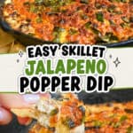 Close-up of jalapeño popper dip in a skillet with a cheesy, spicy topping.