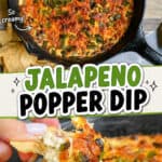 Jalapeño Popper Dip in a skillet with a cheesy, spicy topping and a slice being served.