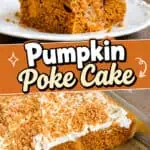 Pumpkin poke cake with whipped topping and crushed cookies on top.