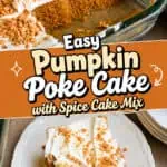 Slice of pumpkin poke cake with spice cake mix and whipped topping on a white plate.