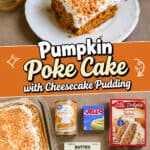 Slice of pumpkin poke cake with cream cheese frosting and graham cracker crumbs.