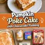 Slice of pumpkin poke cake with cream cheese frosting and graham cracker crumbs.