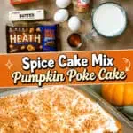 Ingredients for Pumpkin Poke Cake with spices, eggs, and frosting on a wooden surface.