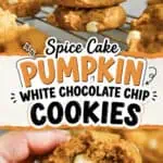 Stack of pumpkin white chocolate chip cookies with a hand holding one in front.