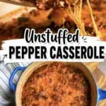 Unstuffed pepper casserole with ground beef and green peppers in a blue baking dish.