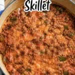 Unstuffed peppers skillet with ground meat and vegetables in a baking dish.