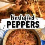 Unstuffed peppers with ground beef and cheese in a blue baking dish.