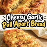 Close-up of cheesy garlic pull apart bread with melted cheese and herbs.