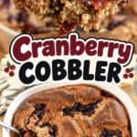 Close-up of a cranberry cobbler with a scoop of it on a spoon, showing berries and crust.