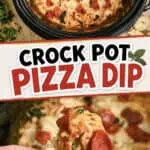 Delicious crock pot pizza dip with melted cheese, pepperoni, and herbs in a slow cooker.