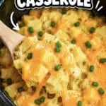Creamy cheesy potatoes in a slow cooker with green onions on top.