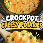Creamy cheesy potatoes with green onions in a slow cooker and on a spoon.