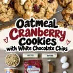 Oatmeal cranberry cookies with white chocolate chips on cooling rack with baking ingredients.