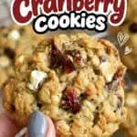 Close-up of a cranberry oatmeal cookie with white chocolate chunks, held by a hand.