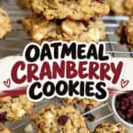 Close-up of freshly baked oatmeal cranberry cookies with white chocolate chunks.