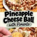 Pineapple cheese ball with bacon and crackers on a plate, close-up view.