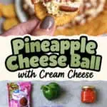 Close-up of a pineapple cheese ball with bacon on a plate, garnished with crackers.