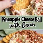 Close-up of pineapple cheese ball with bacon, with a cracker being dipped into it.