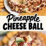 Pineapple cheese ball with bacon and crackers on a white plate for a savory appetizer.