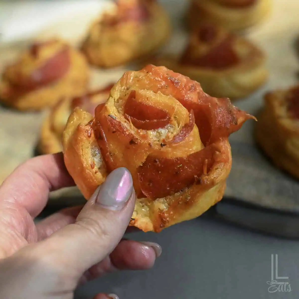 Close-up of a hand holding a pizza roll up with melted cheese and pepperoni.