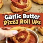 Close-up of garlic butter pizza roll ups with marinara sauce for dipping.