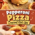 Pepperoni pizza crescent roll ups on a wooden surface with dipping sauce.