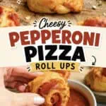 Cheesy pepperoni pizza roll ups with marinara dipping sauce on a wooden surface.
