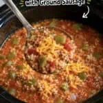 Close-up of stuffed pepper soup with ground sausage in a black slow cooker.