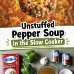 Ingredients for stuffed pepper soup in a slow cooker, including rice, green peppers, and spices.
