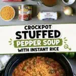Ingredients for stuffed pepper soup with instant rice in a crockpot, ready to cook.