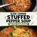 Hearty stuffed pepper soup with sausage in a black slow cooker, topped with cheese.